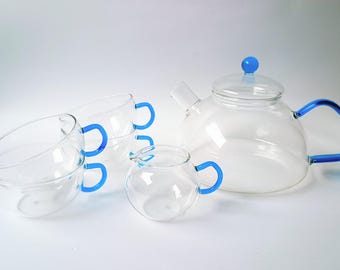 Juego de 4 vasos de té con tetera de Jenaer, Alemania, estilo vintage de los años 70.
