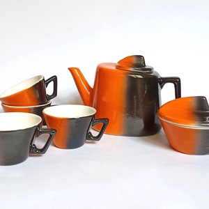 Ceramic Espresso/Coffee Set by Granit,Orange Black Glaze,Hungarian Pottery Vintage 60s