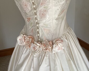 Vintage - Silk - Off-the-shoulder  - Wedding Dress - Hand Made - Hand Beaded - Appliqued - Ballgown Skirt - Train - Ivory - Silk Roses