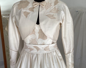 Vintage Silk - Strapless - Hand Beaded - Appliqued - Wedding Dress - Full Skirt - Matching Bolero With Sleeves
