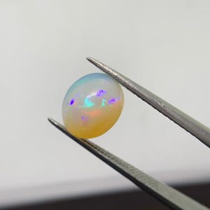 Puede incluir: Una piedra preciosa de ópalo ovalada pulida, sujeta con pinzas. El ópalo muestra un juego de colores con destellos azules, verdes y morados sobre una base blanca crema y amarilla. La piedra preciosa es lisa y redondeada, reflejando la luz.