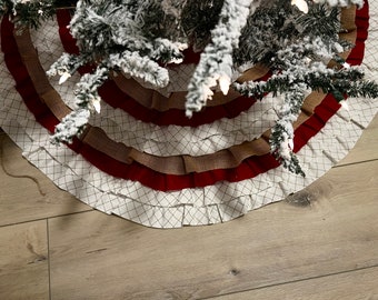 48” Red, Burlap, Gold cross cross Christmas tree skirt