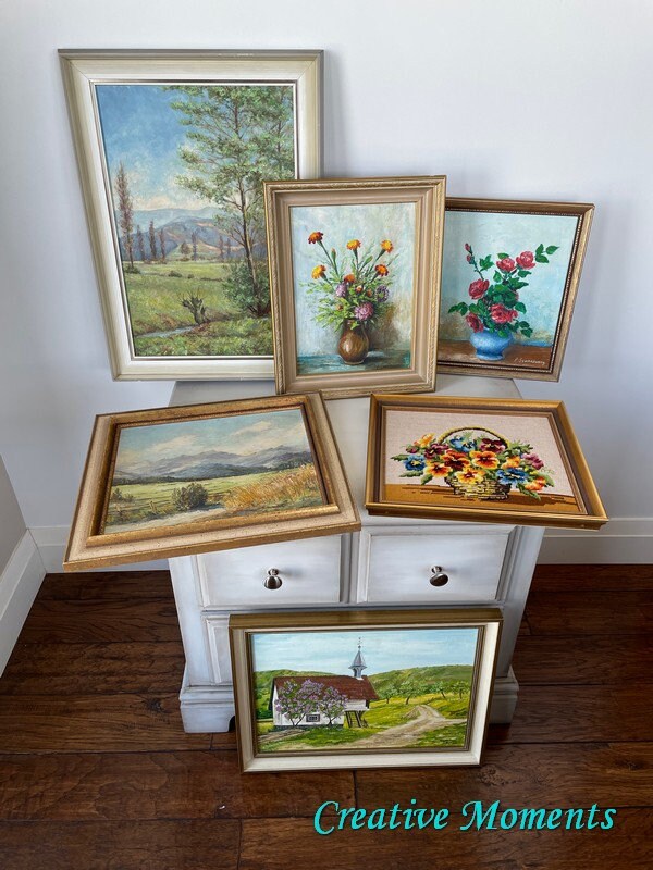 NEW Original Vintage Art - Oil Painting - Needlepoint - Landscape Art - Floral Art - Framed Art