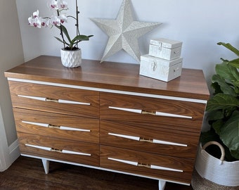 SOLD Walnut Mid Century Modern Dresser - 6 Drawer MCM Dresser