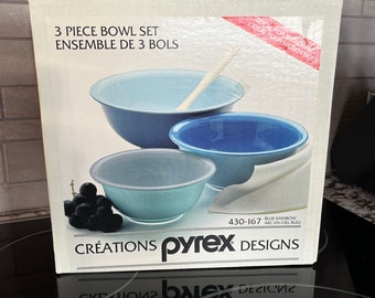 3 pc. Blue Rainbow Pyrex Nesting Bowls - Vintage Kitchen Glass Bowls