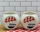 Pair of Fire-King Vitrock Grease Jars - No Lids - Wonderful Graphics - Kitschy Kitchen Must Have - Perfect for Utensils or Art Supplies