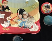 1950s Child 39 s Tin Litho Play Dishes with Matching Tray - 6 Pieces in All - Marriage Licenses - The Ohio Art Company - Too Stinking Cute