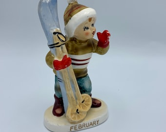 Vintage Lefton Figurine February Boy Skiing #2300 Made in Japan With Original Box Collectible Hand Painted