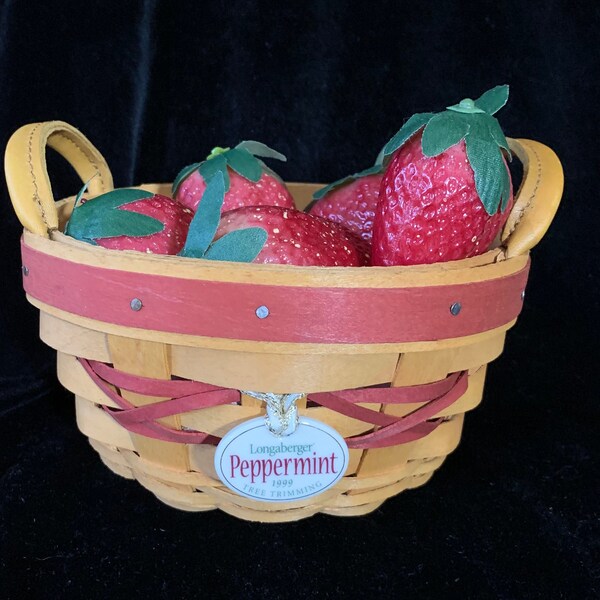 Vintage 1999 Longaberger Small Basket - Peppermint Tree Trimming - Signed and Dated - Handwoven in USA - Leather Handles - Such a Cute Size!