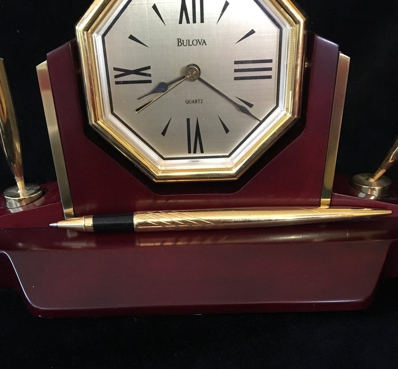 Vintage Bulova Desk Clock With Pen Beautiful Wood for the Etsy