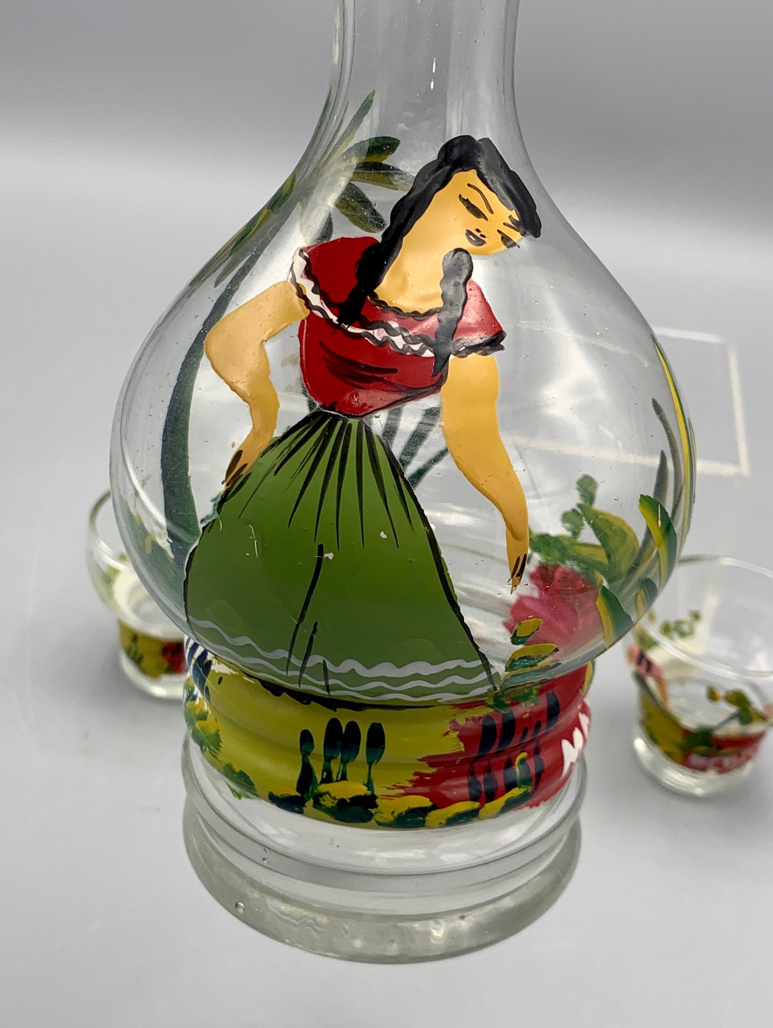 Vintage Hand Painted Mexican Decanter With 3 Shot Glasses Etsy New