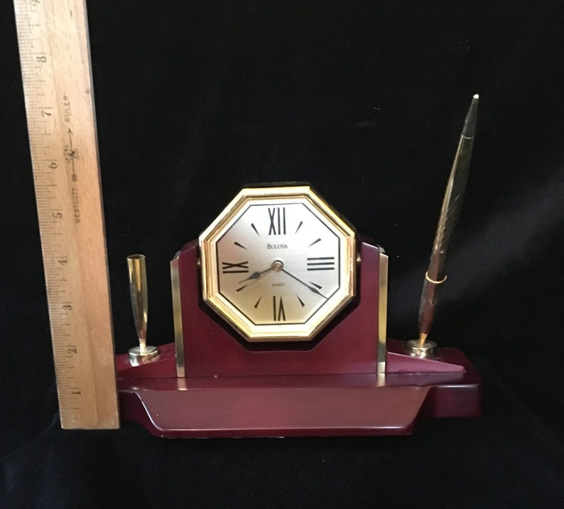Vintage Bulova Desk Clock With Pen Beautiful Wood for the Etsy