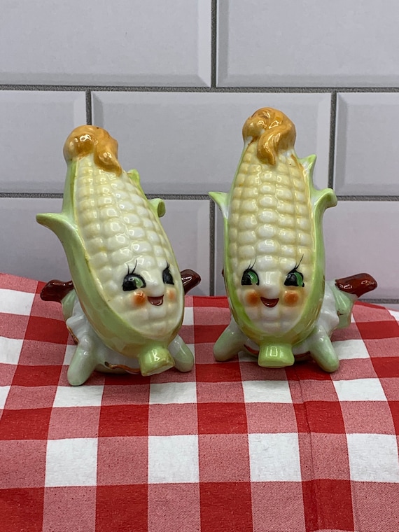Large Vintage Anthropomorphic Corn and Lettuce Salt and Pepper Shaker
