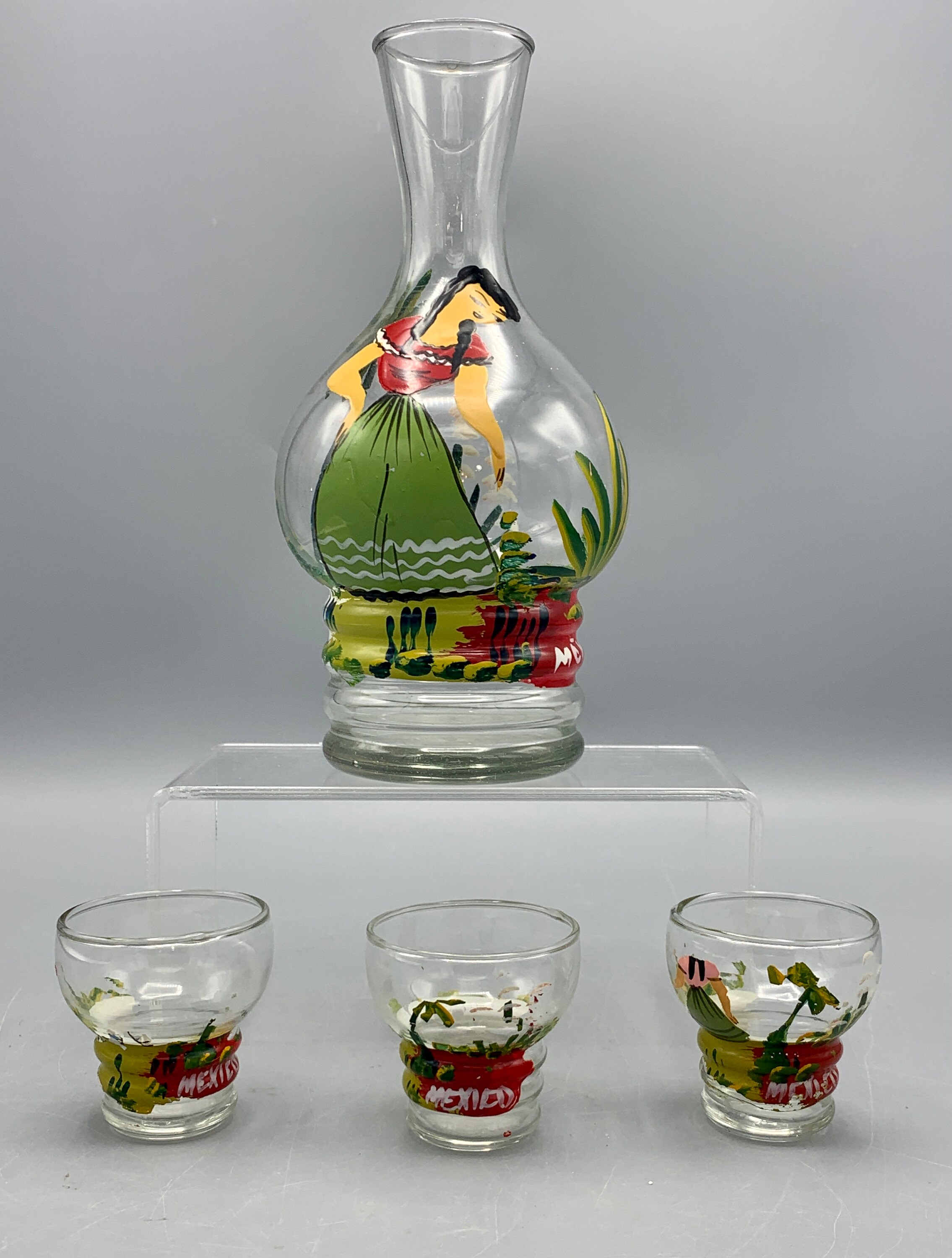 Vintage Hand Painted Mexican Decanter with 3 Shot Glasses Etsy