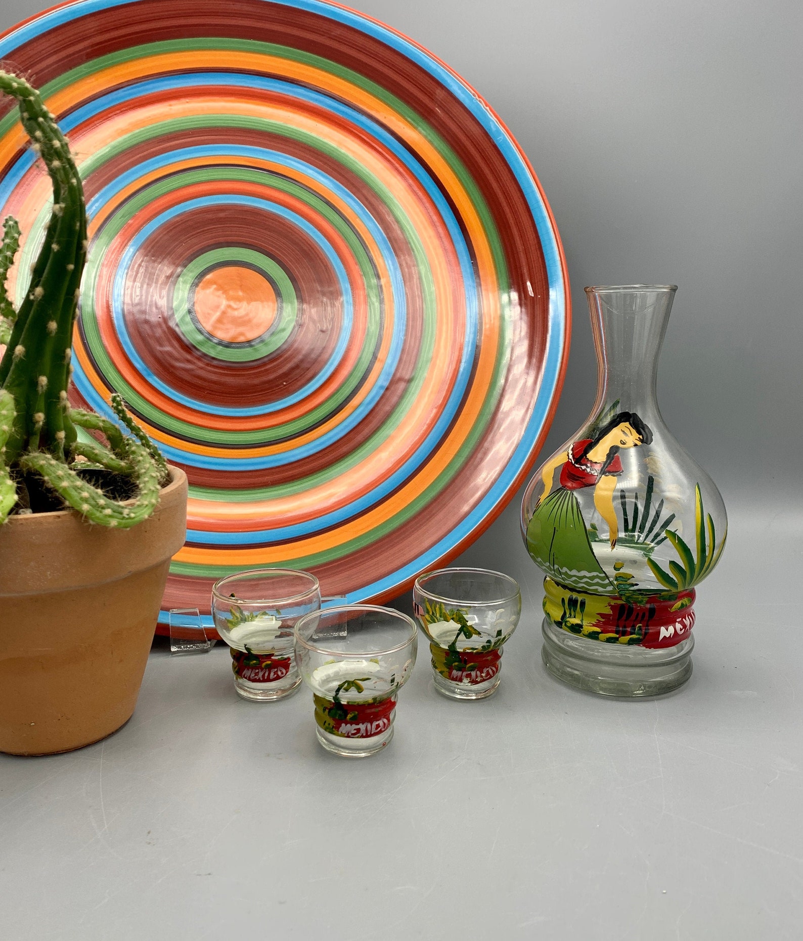 Vintage Hand Painted Mexican Decanter with 3 Shot Glasses Etsy