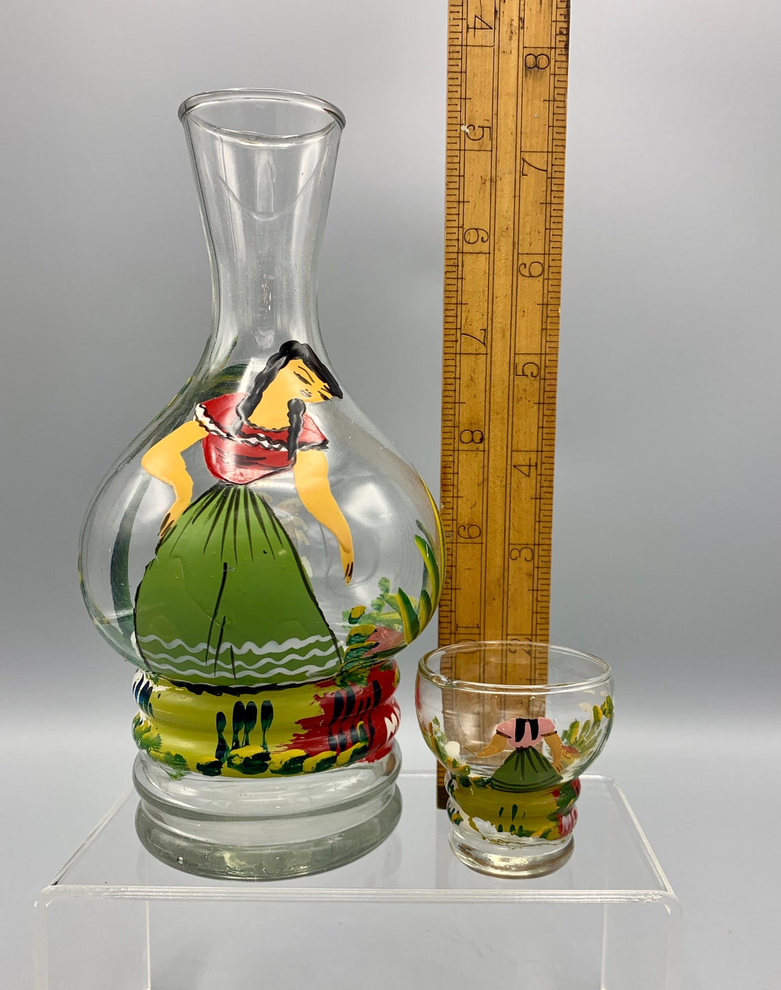 Vintage Hand Painted Mexican Decanter with 3 Shot Glasses Etsy