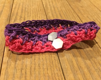 Cute pink and purple crochet cuff bracelet with vintage buttons