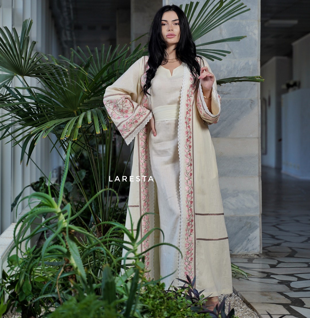 Luxury Embroidered Linen Wedding Abaya. Linen Muslim Modest Maxi Cloak ...