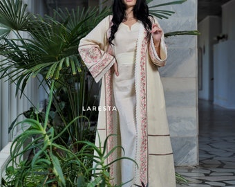 Luxury Embroidered linen wedding Abaya. Linen muslim modest maxi cloak with cotton lace. Loose fit long sleeves colored Saudi Abaya kimono.