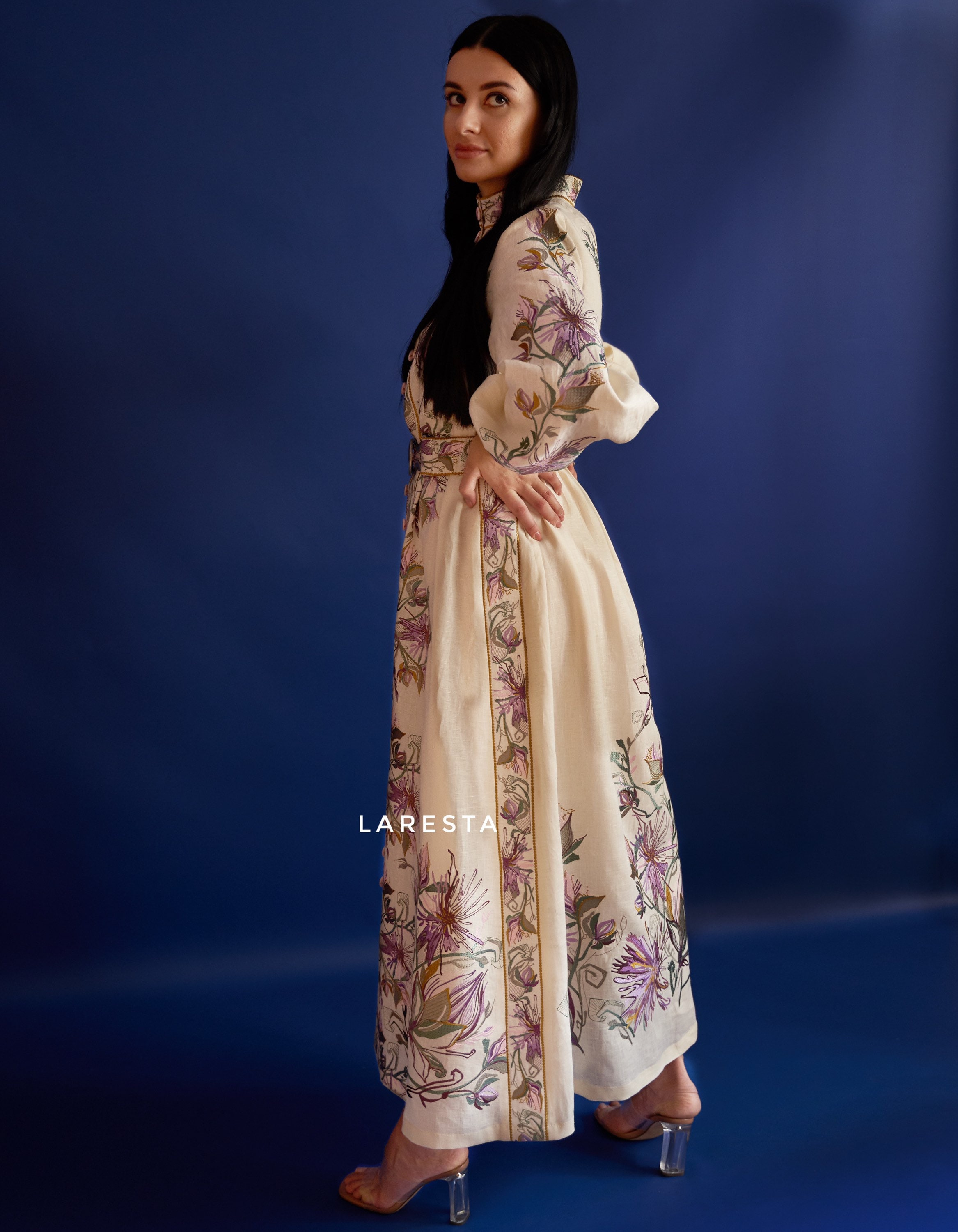 Chrysanthemum Embroidered Linen Gown. Richly Embroidered Floral Maxi ...