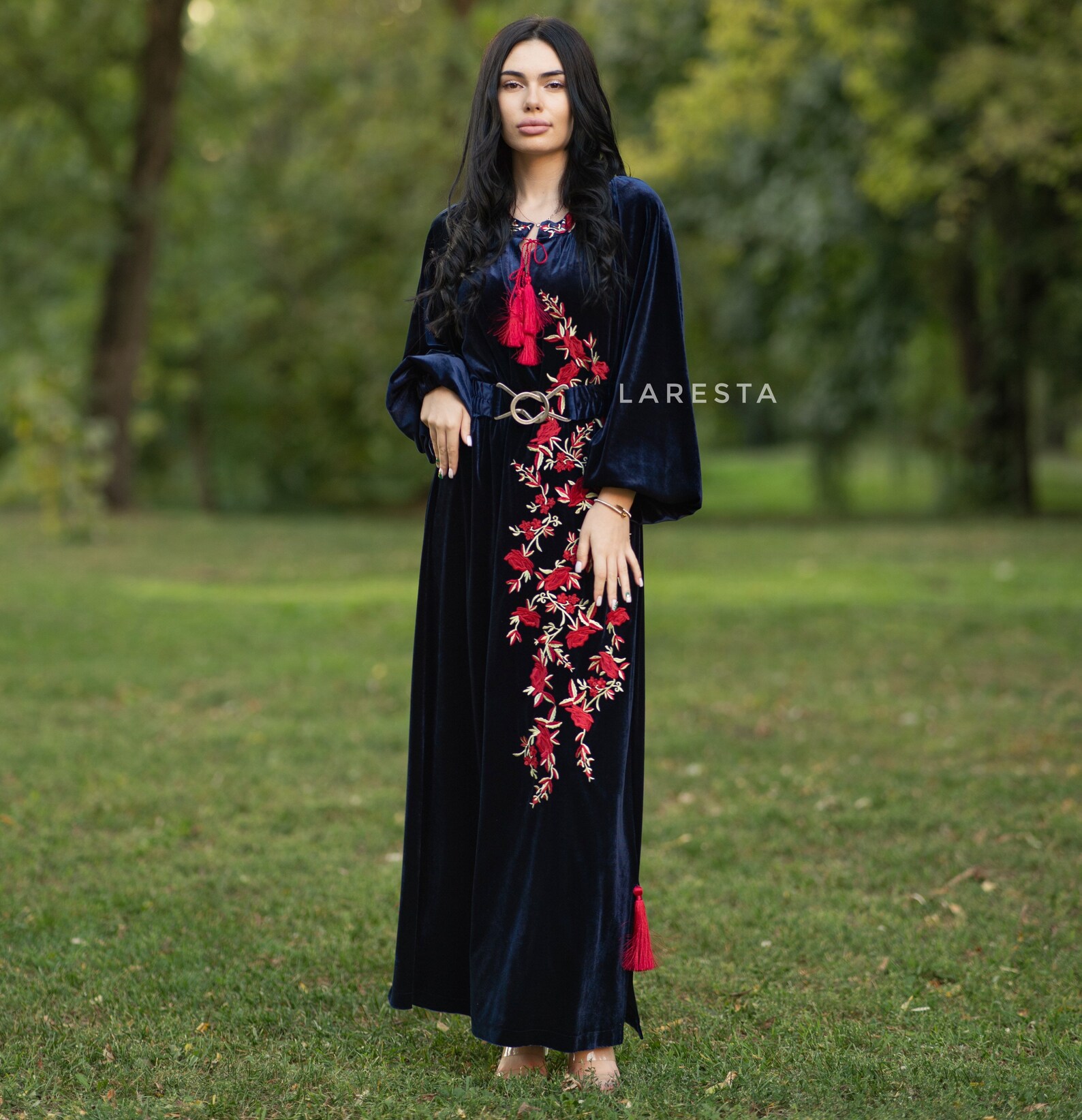 Embroidered Dark Blue Velvet Dress With Plunge and Tassels. Etsy