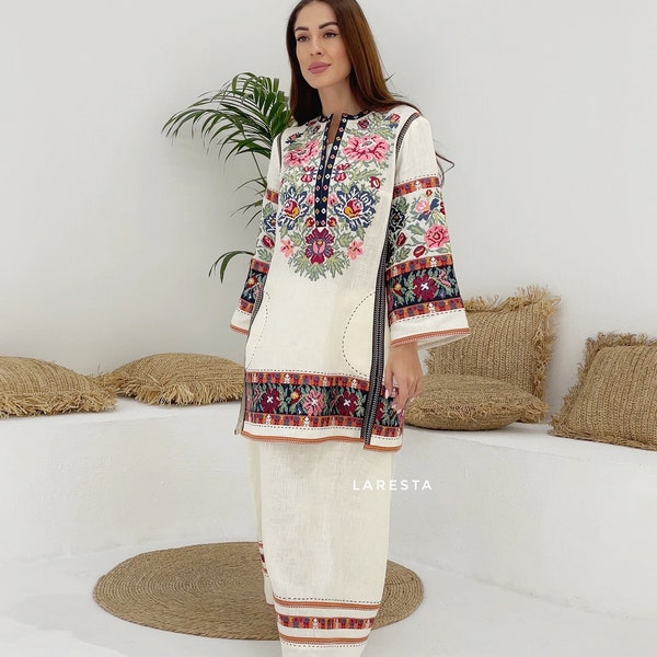 Bespoke embroidery on ivory linen. Set of shirt and skirt for folk traditional look with modern twist.