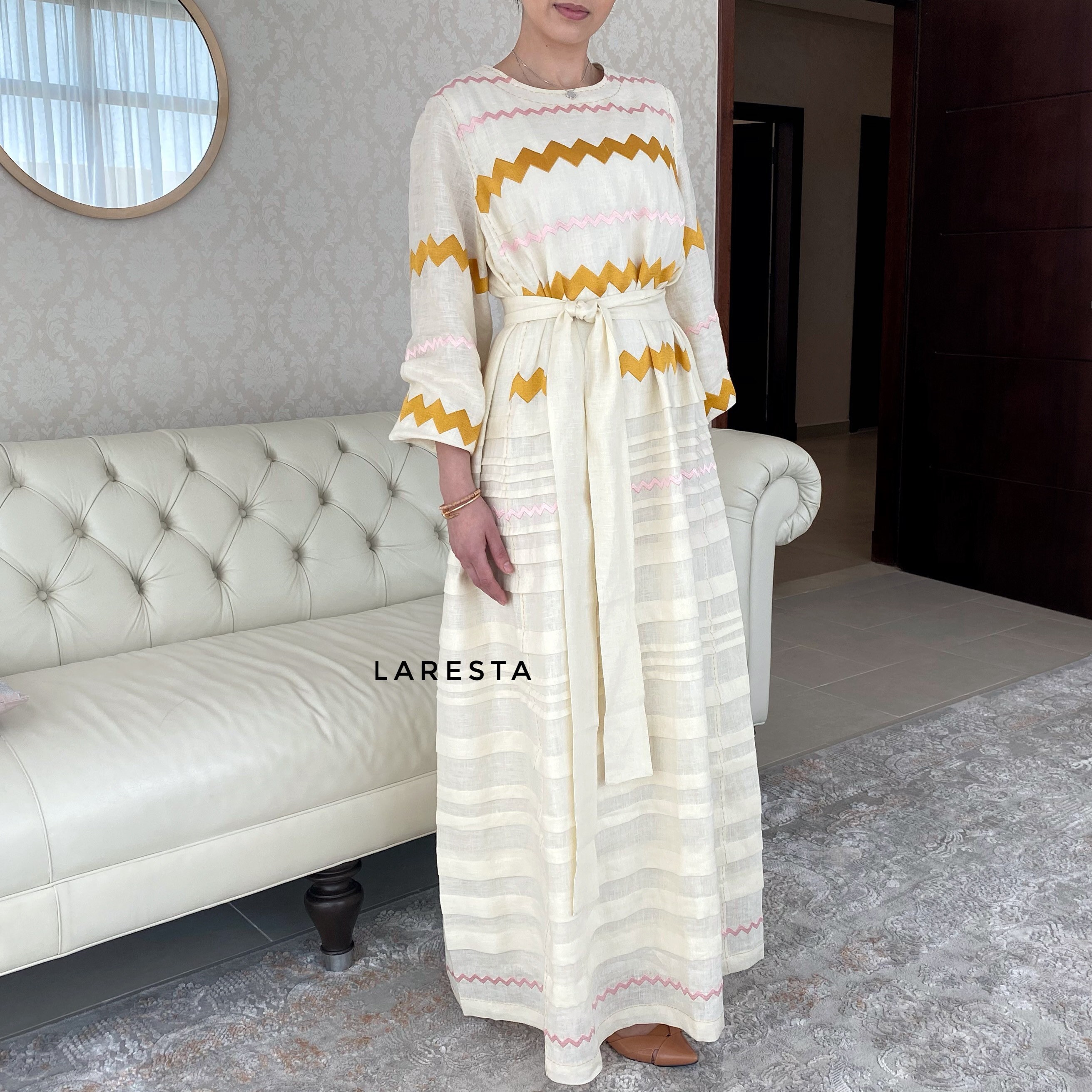 Jigsaw zigzag embroidered pleated linen dress. Milky linen Etsy