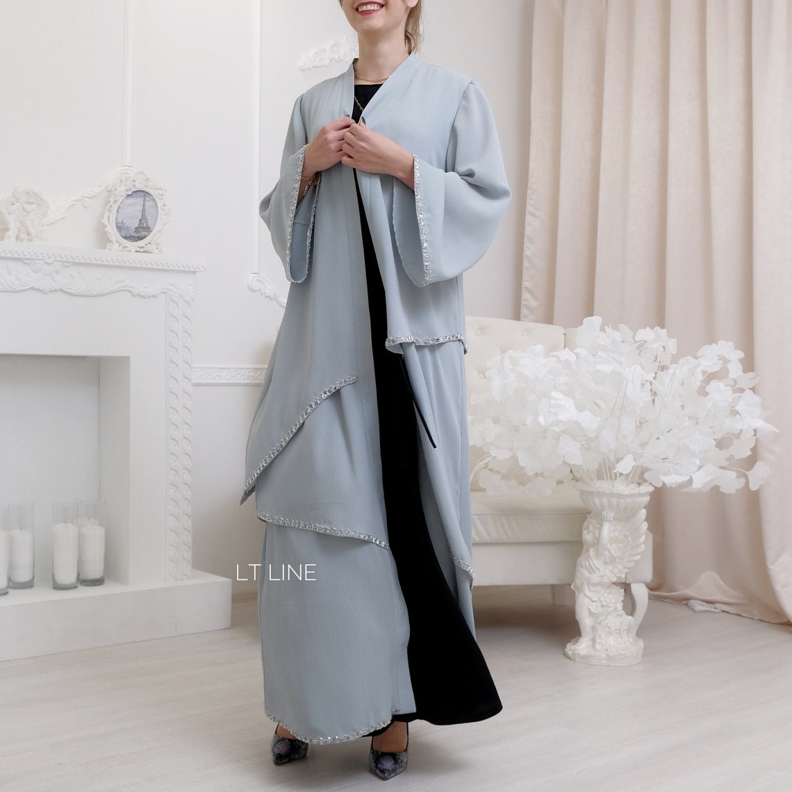 Crinkled CHiffon 3LAyers abaya in dusty mint color with Etsy