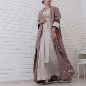 Linen set Abaya with dress Dubai Street style for modest look fashion, Sleeveless Dress with stylish belt and wrap robe Abaya in capuchinno