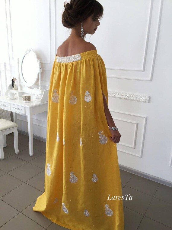 off shoulder kaftan dress