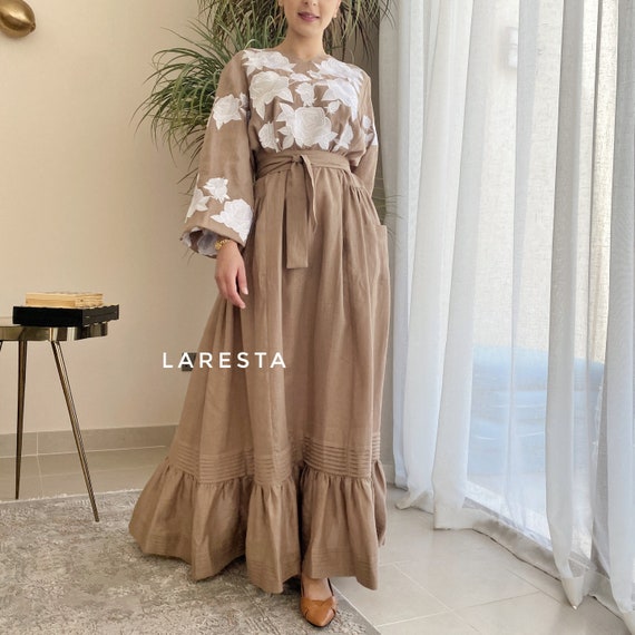 Embroidered Beige Linen Maxi Dress 