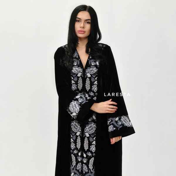 Black Velvet Abaya with Vibrant Floral Embroidery