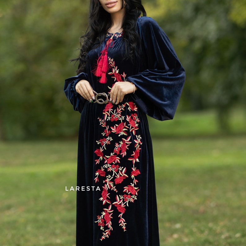 Embroidered Dark Blue Velvet Dress With Plunge and Tassels. Etsy