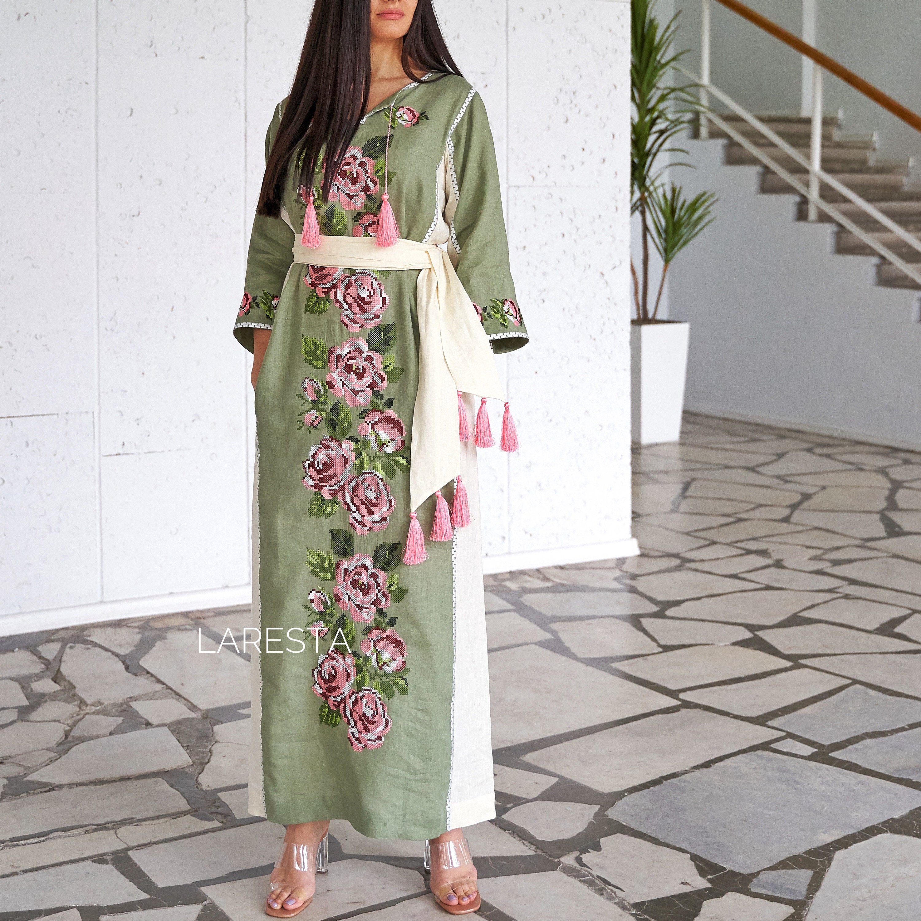 olive green embroidered dress