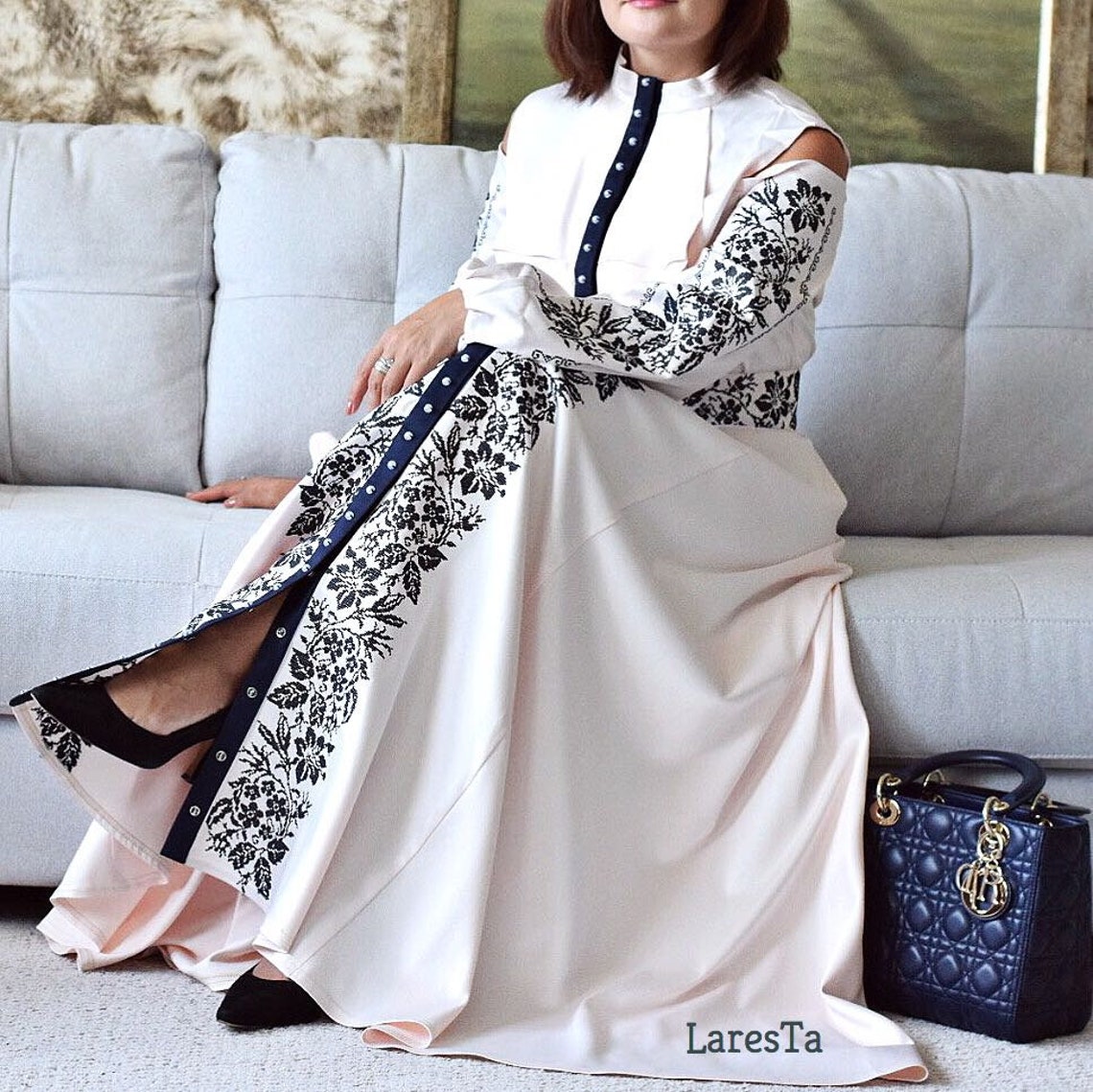 Embroidered evening dress with jabot Etsy