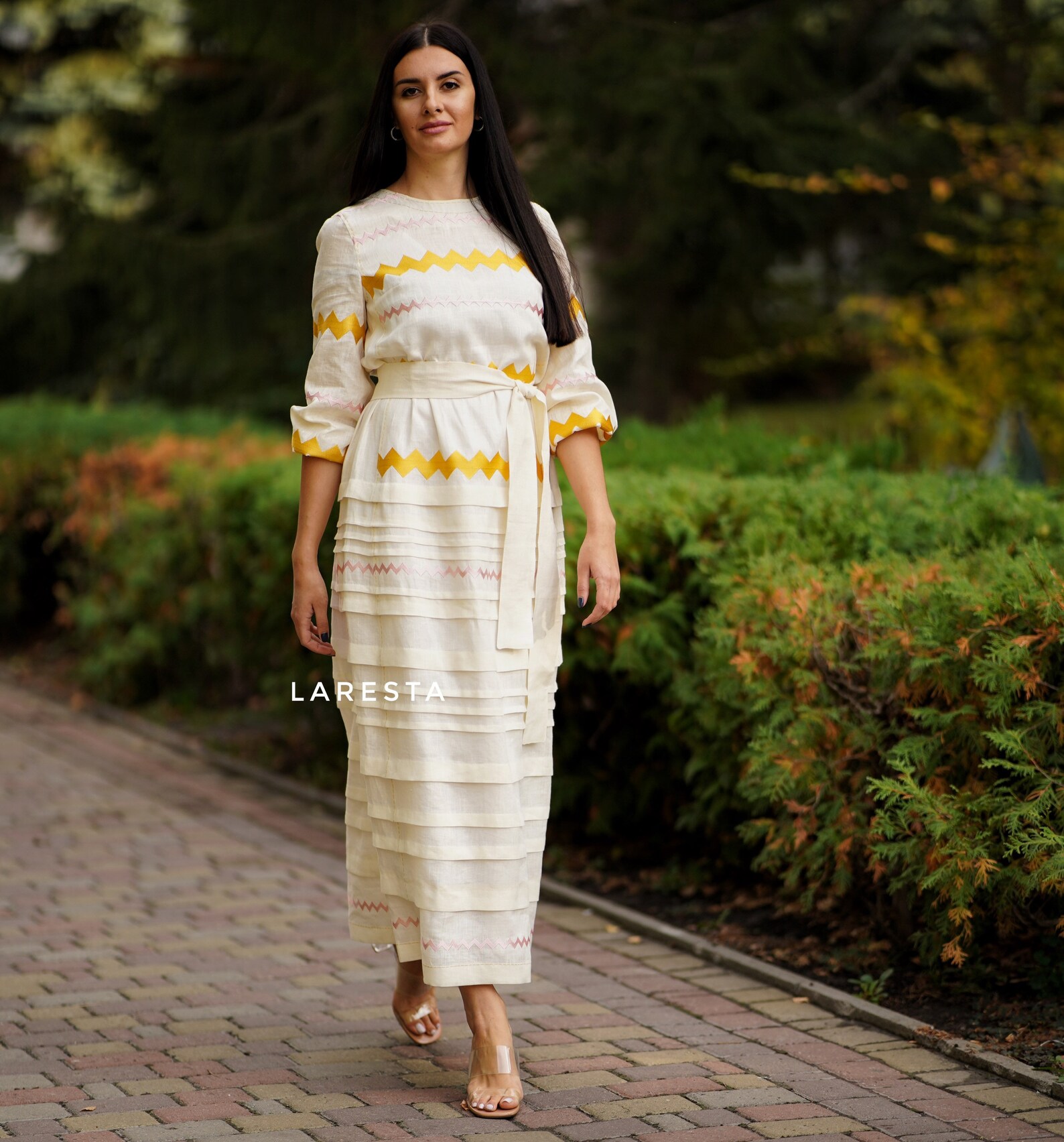 Jigsaw Zigzag Embroidered Pleated Linen Dress. Milky Linen Etsy