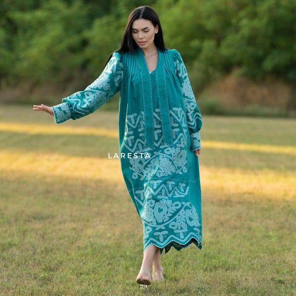 Culture puff-sleeve embroidered midi dress in light turquoise color. Broderie Anglaise mint gown with pintucked yoke, linear stitches, shawl