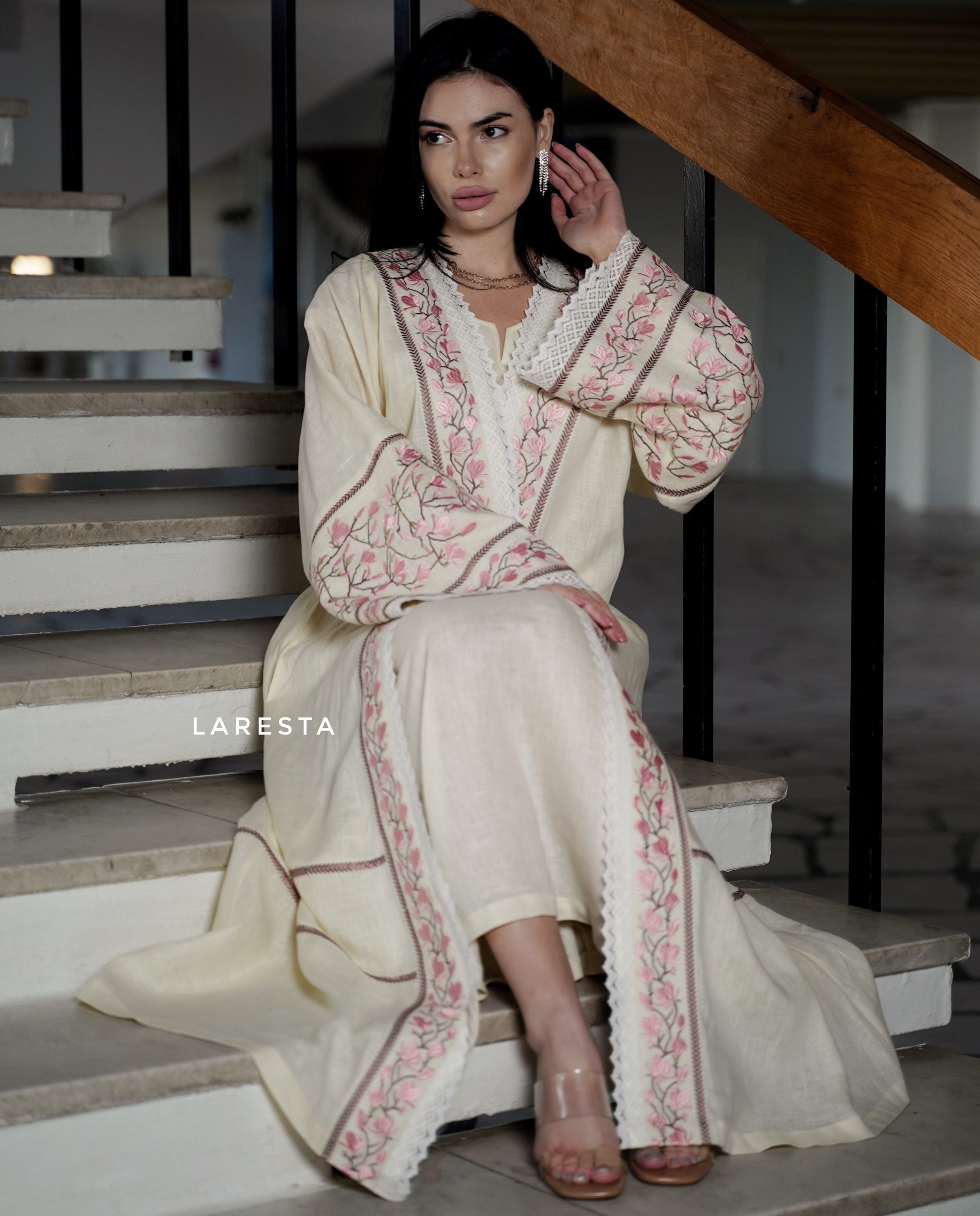 Luxury Embroidered Linen Wedding Abaya. Linen Muslim Modest Etsy