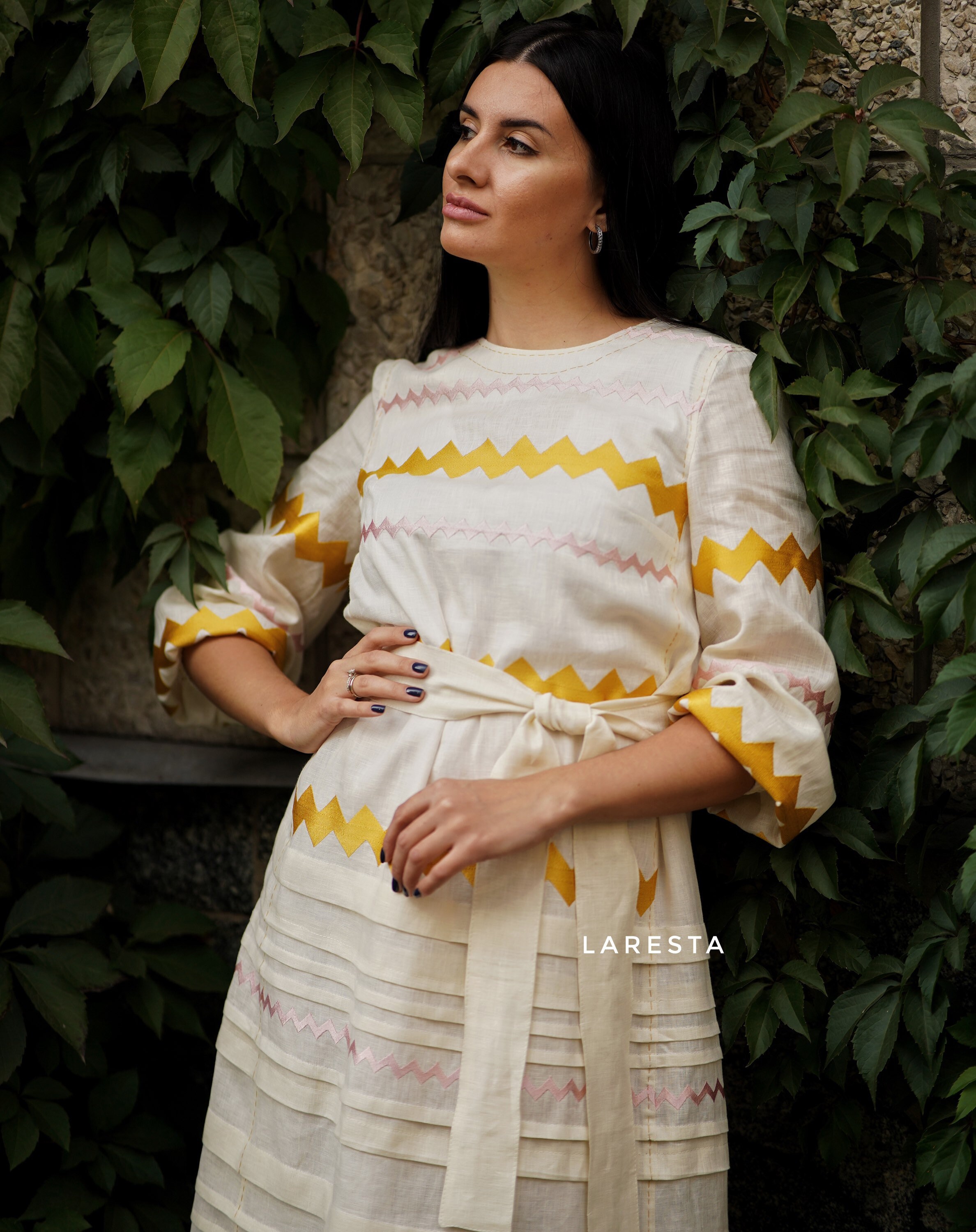Jigsaw Zigzag Embroidered Pleated Linen Dress. Milky Linen Etsy
