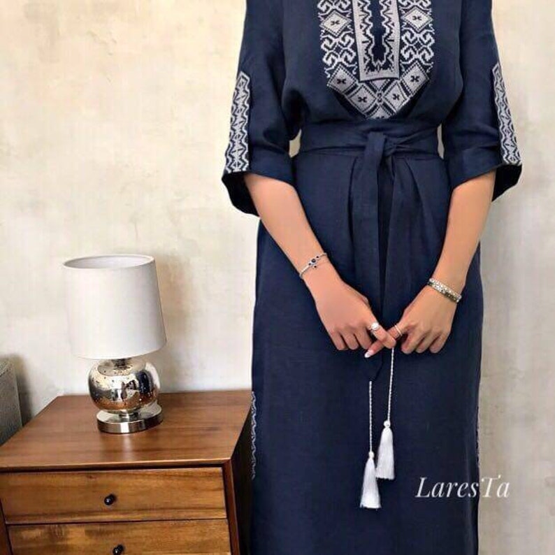 Linen pencil dress with crossstitch embroidery traditional Etsy