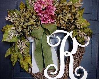 Year Round Wreath for Front Door, Cottage Wreath, Monogram Wreath, Hydrangea Wreath with Initial, Housewarming Gift, Wreaths, Spring Summer