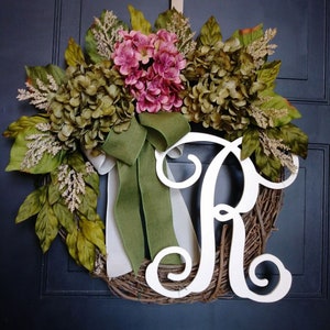 Year Round Wreath for Front Door, Cottage Wreath, Monogram Wreath, Hydrangea Wreath with Initial, Housewarming Gift, Wreaths, Spring Summer