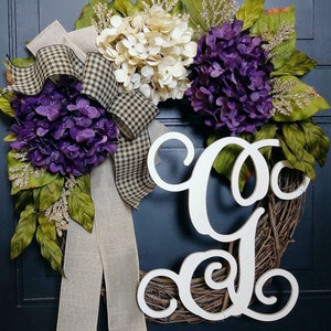 Year Round Wreath For Front Door - All Season Monogram Front Door Wreath - Hydrangea Wreath with Monogram - Personalized Wreath - HANDMADE