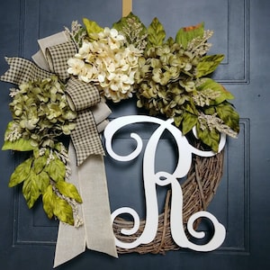 Year Round Wreath For Front Door -  Everyday Initial Wreath - Hydrangea Wreath with Monogram - Housewarming Gift - Wreaths  - HANDMADE