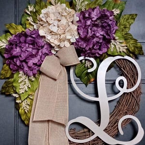 Wreath for Front Door - Year Round Door Wreath - Hydrangea Initial Wreath - Monogram Wreath - Housewarming Gift  - Everyday Wreath HANDMADE