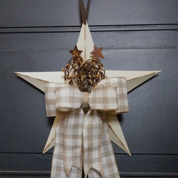 Farmhouse 12" Cream Barn Star, Country Tea Stain Berries with Rusty Stars, Double Tan/Ivory Check Bow, Distressed metal Star - HANDCRAFTED!