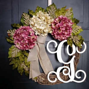 Spring Wreath for Front Door, Year Round Wreath, Grapevine Hydrangea Wreath with Initial, Monogram Wreath Housewarming Gift, HANDMADE