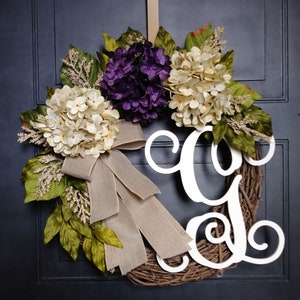 Year Round Wreath for Front Door - Door Wreath - Hydrangea Initial Wreath - Monogrammed Wreath - Housewarming -  HANDCRAFTED GIFT