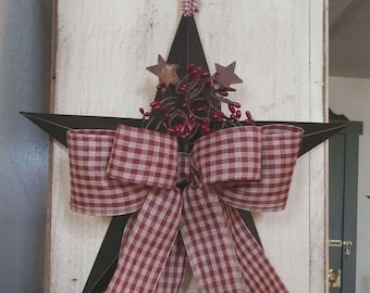 Country 12" Black Star, Burgundy Pip Berries with Rusty Stars, Double Burgundy Gingham Bow, Barn Star, Country Primitive Farmhouse - GIFT!