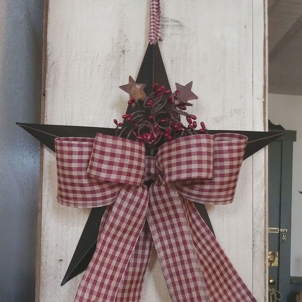 Country 12" Black Star, Burgundy Pip Berries with Rusty Stars, Double Burgundy Gingham Bow, Barn Star, Country Primitive Farmhouse - GIFT!